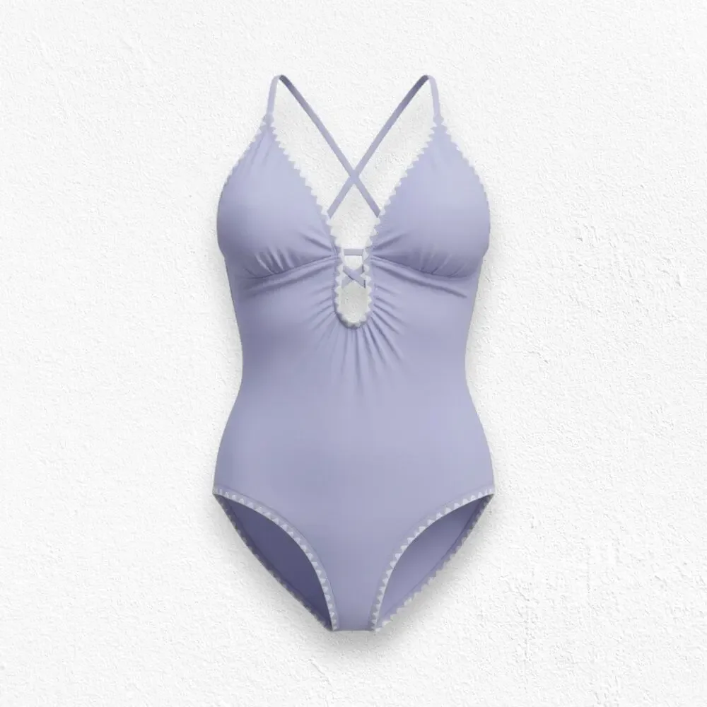 Lucky‎ Brand Lavender Purple Shell Plunge V Neck One Piece Swimsuit Size Medium